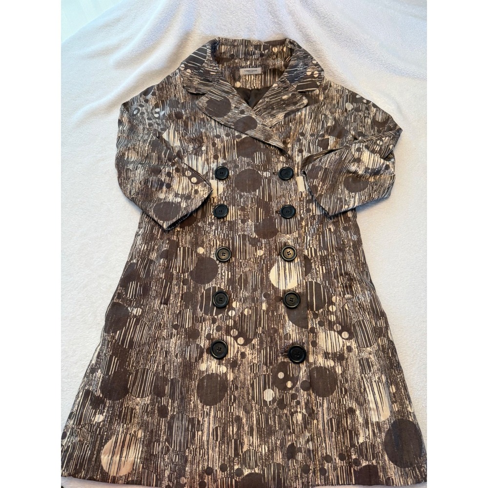 Vertigo Paris Brown Abstract Polka Dot Double Breasted Trench Coat Jacket